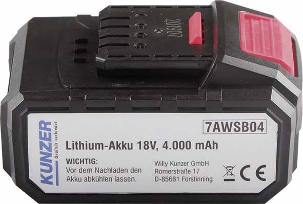 Batteria al litio 18V, 4.000 mAh di Kunzer, modello 7AWSB04. Avvertenza: 'Lasciare raffreddare la batteria prima di ricaricarla.'