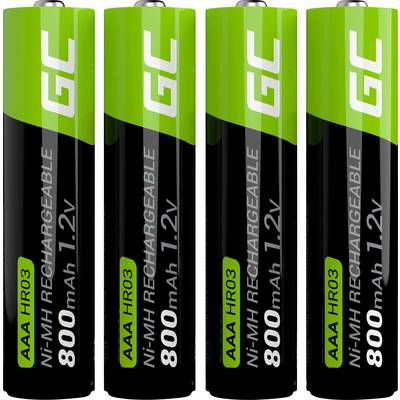 Quattro batterie ricaricabili AAA, tipo Ni-MH, da 800 mAh e 1,2 V, disposte una accanto all'altra.