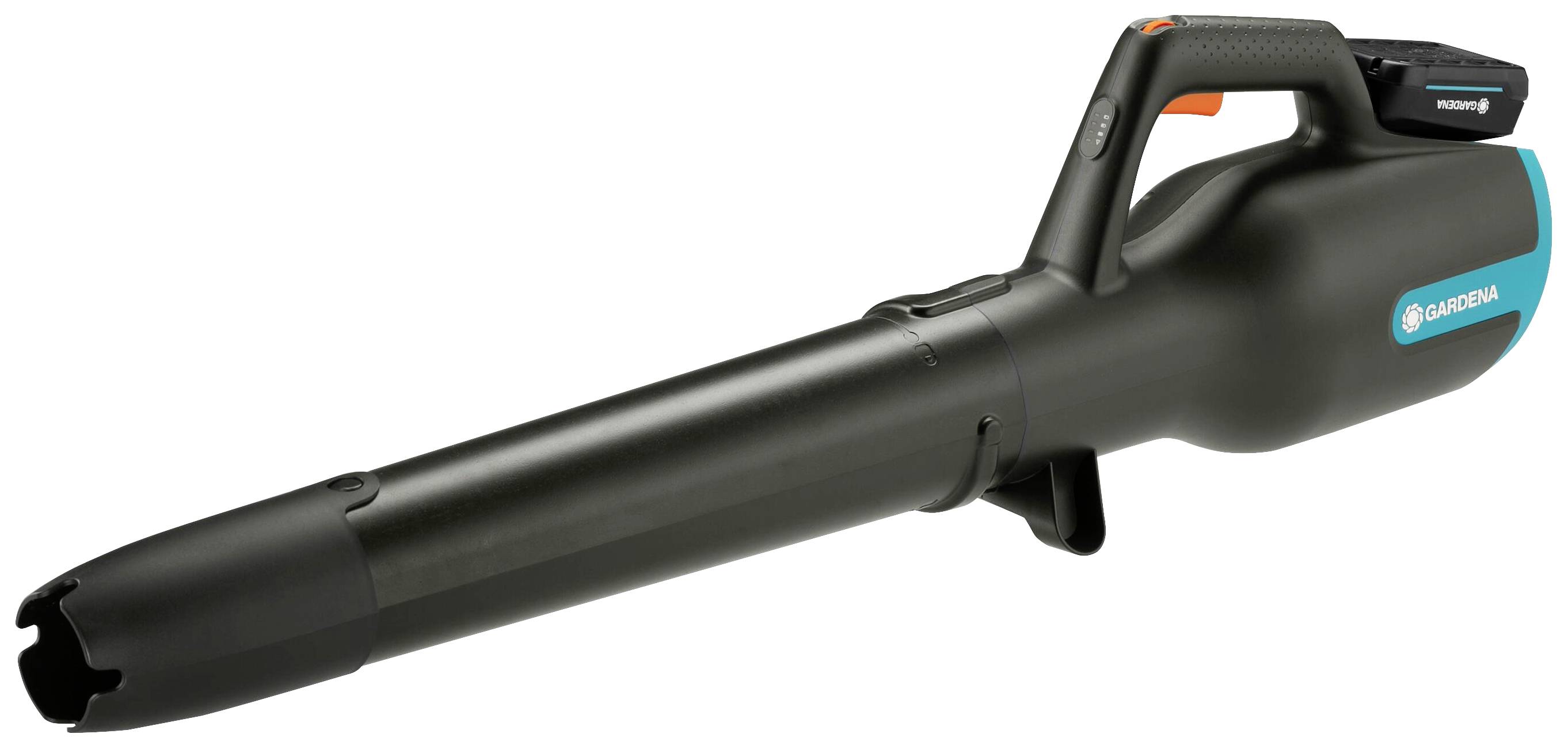 Soffiatore a batteria in nero e blu di Gardena. Design maneggevole con impugnatura ergonomica. Ideale per rimuovere foglie in modo efficiente.