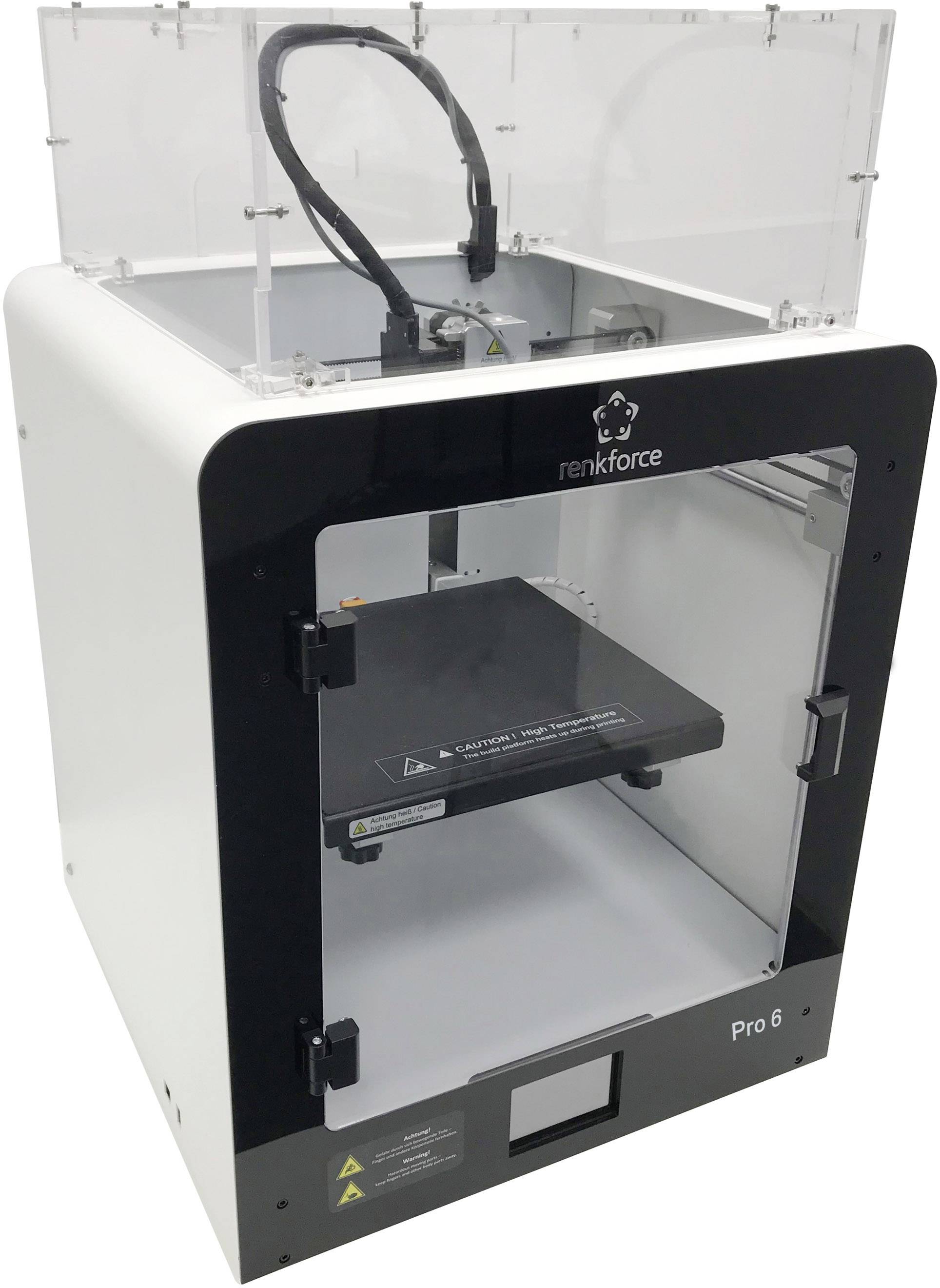 Stampante 3D con copertura trasparente che mostra l'area di stampa e l'ugello. Il dispositivo è bianco e nero, marca 'renkforce Pro 6'.