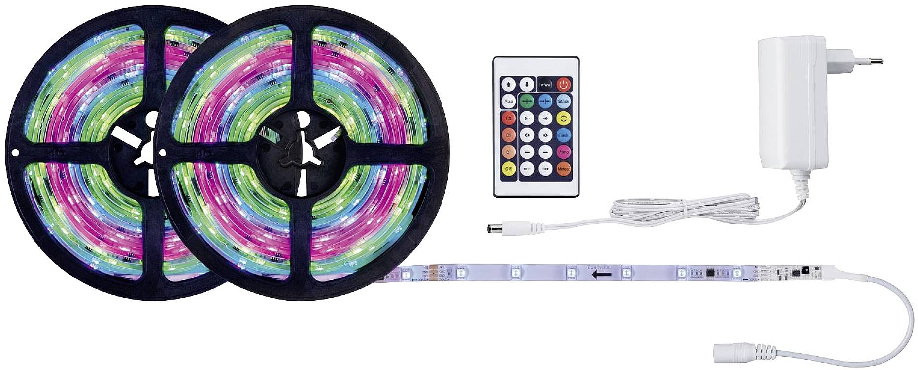 Due rotoli di strisce LED colorate con telecomando e alimentatore, utilizzati per l'illuminazione decorativa.