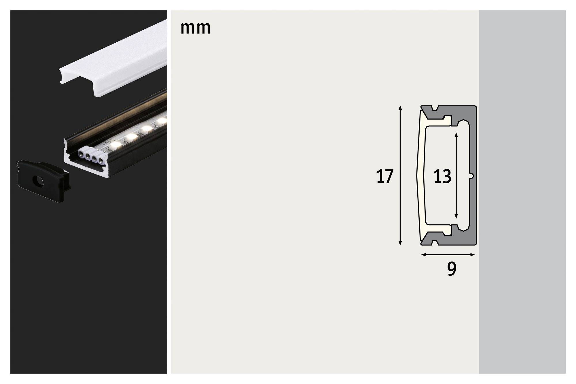 'Diagramma di un profilo LED con dimensioni: 17 mm di altezza, 9 mm di larghezza e 13 mm di larghezza interna. Luci LED mostrate nel profilo.'