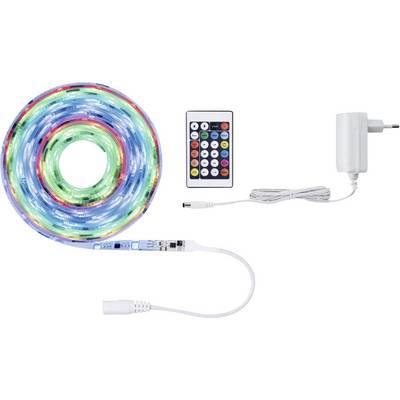 Striscia LED con colori diversi, telecomando e alimentatore.
