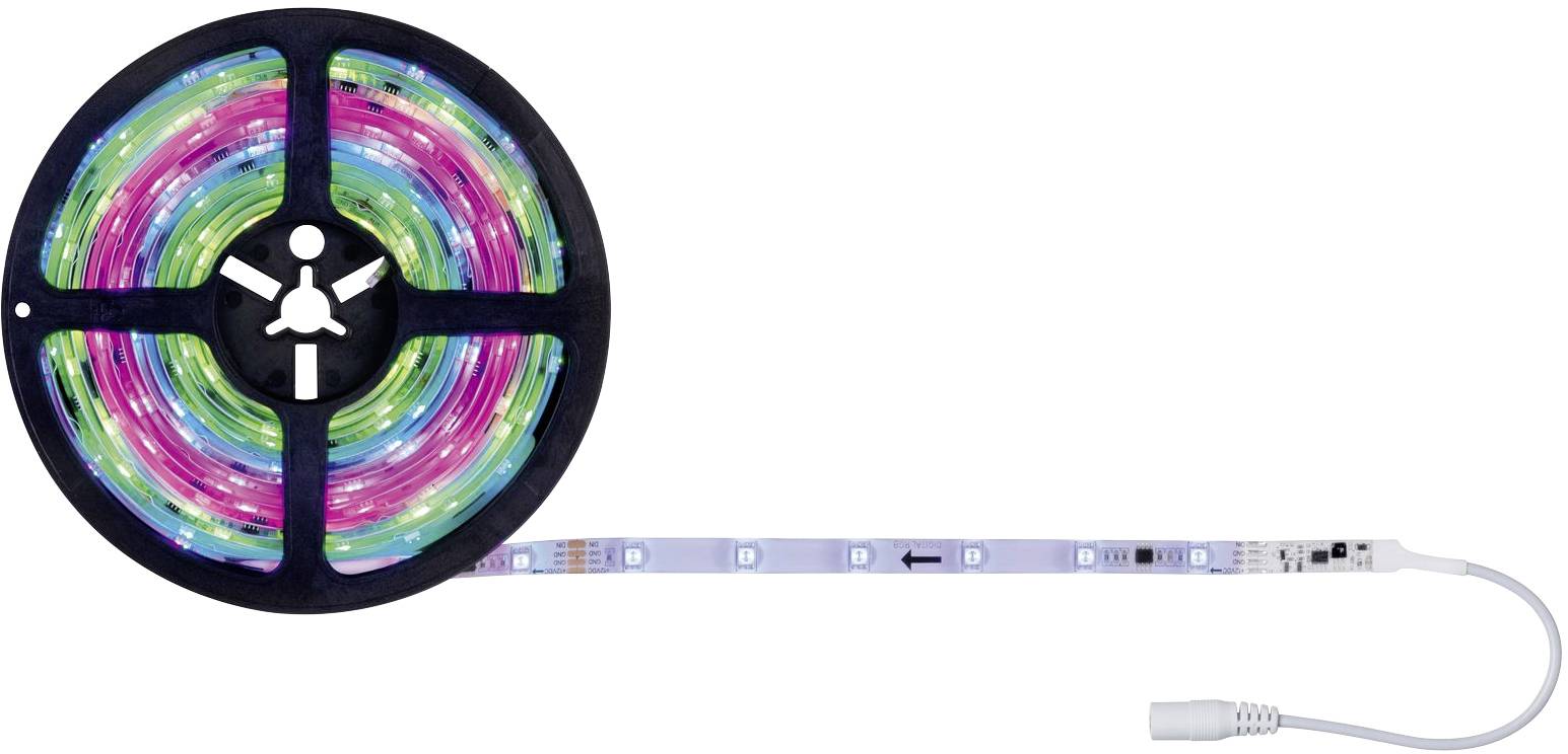 Una rotolo di striscia LED in diversi colori, arrotolata in modo morbido. Un cavo di connessione fuoriesce dalla striscia.