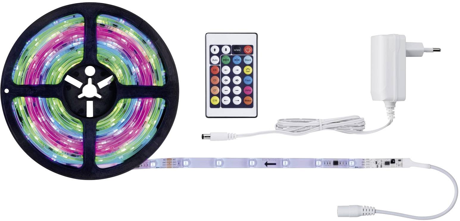Striscia luminosa a LED con telecomando e alimentatore. La striscia è arrotolata e mostra luci colorate.