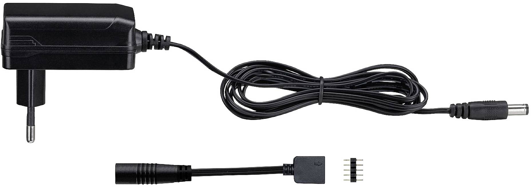 Un alimentatore nero con adattatore di spina e cavo, utilizzato per l'alimentazione di dispositivi elettronici.