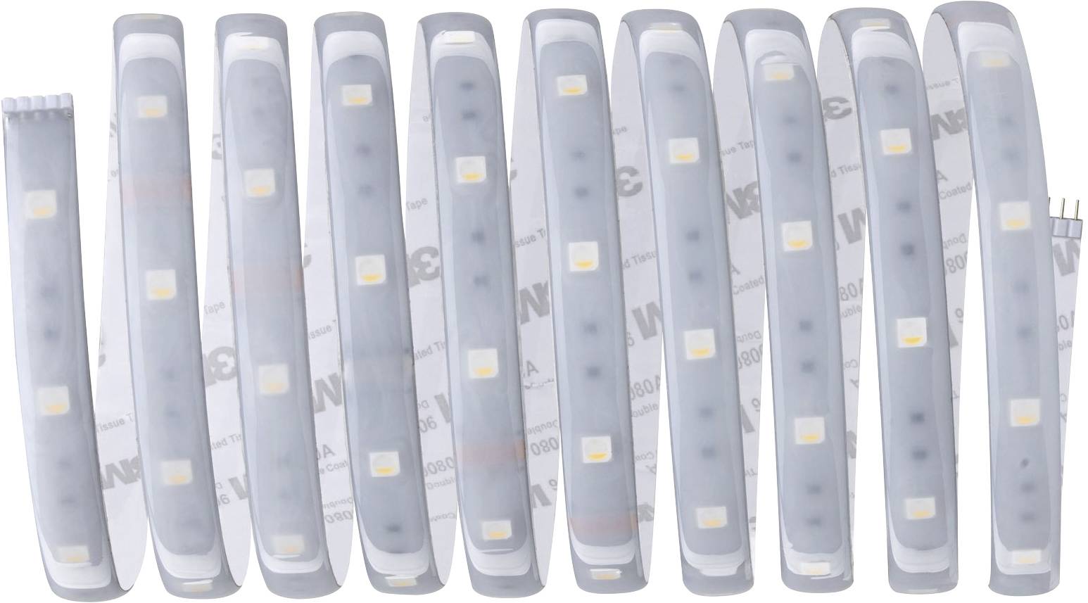 'Striscia luminosa LED con LED bianchi, arrotolata, per illuminazione decorativa. Mostra uno strato trasparente sopra i LED.'