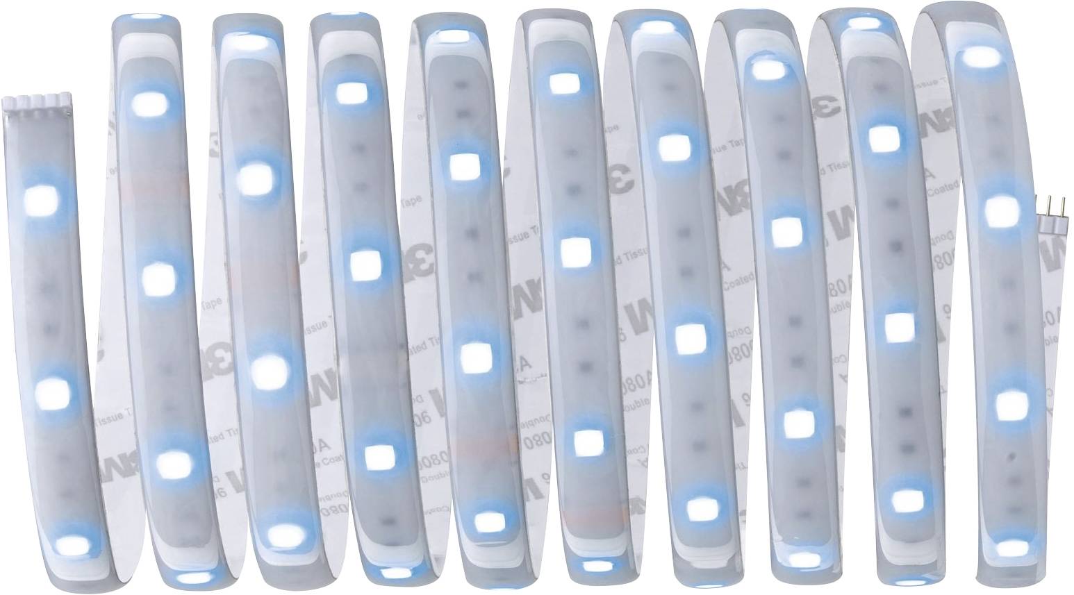 Una striscia LED flessibile con diodi di colore bianco-azzurro, disposti in modo uniforme a intervalli regolari.