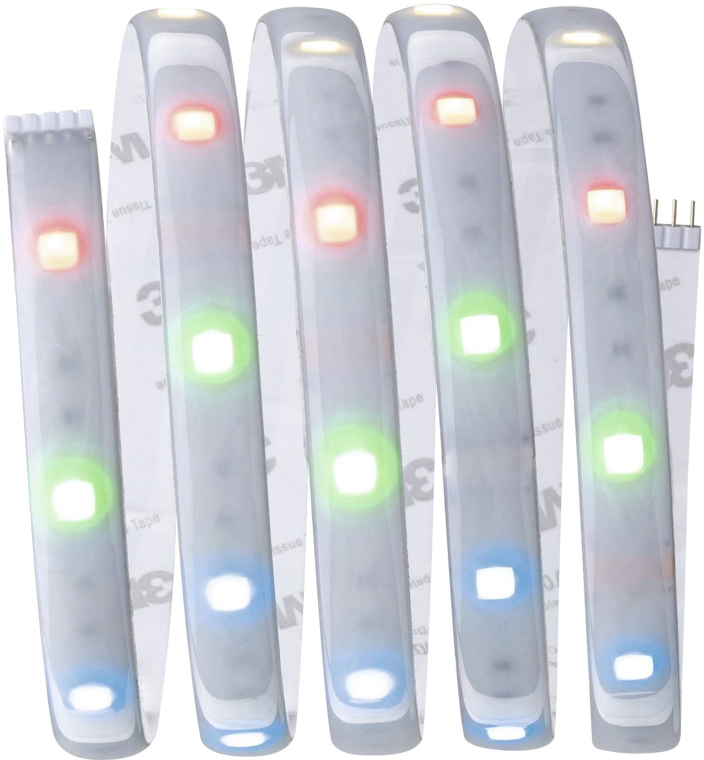 Striscia LED con luci multicolori in rosso, verde, blu e bianco, flessibile e curvata, su sfondo trasparente.