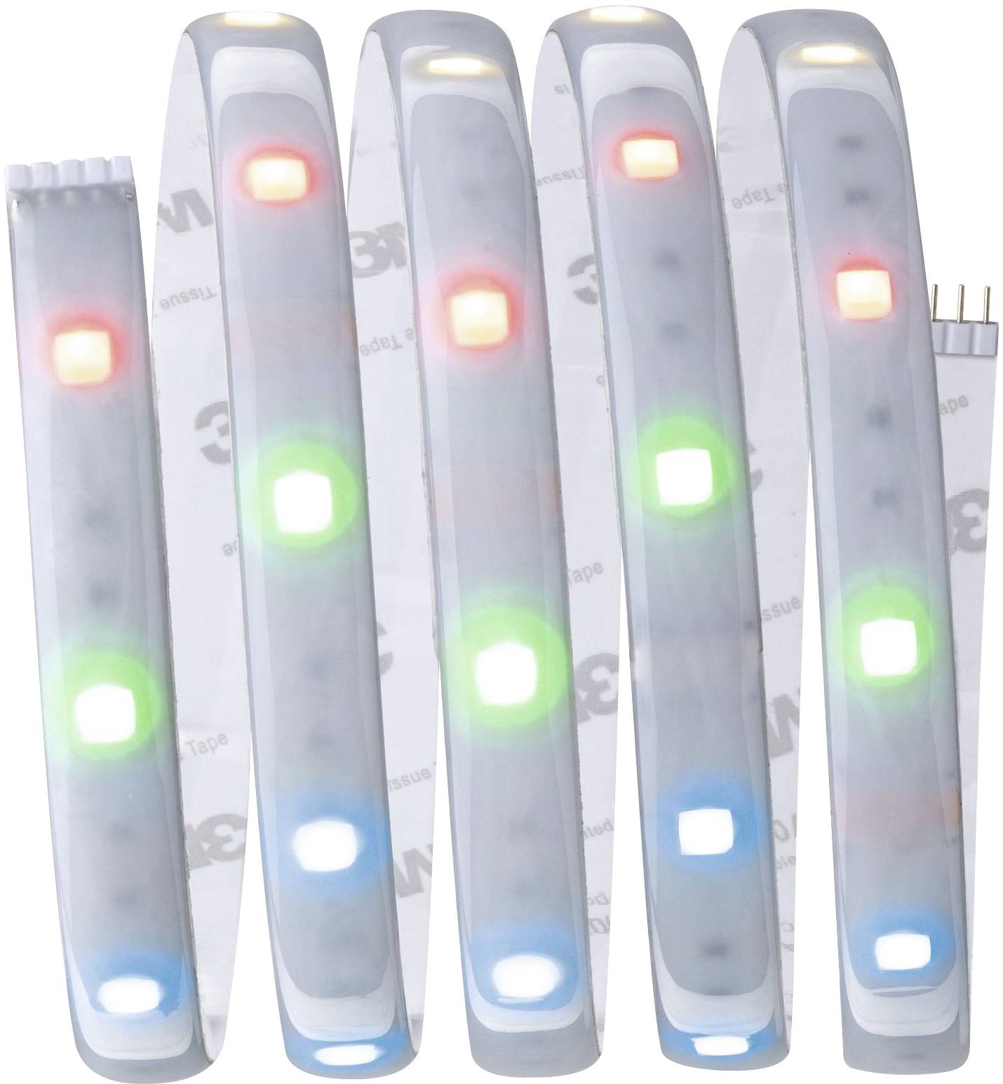 Strisce LED con diodi luminosi colorati in rosso, verde e blu, avvolte in una disposizione verticale.