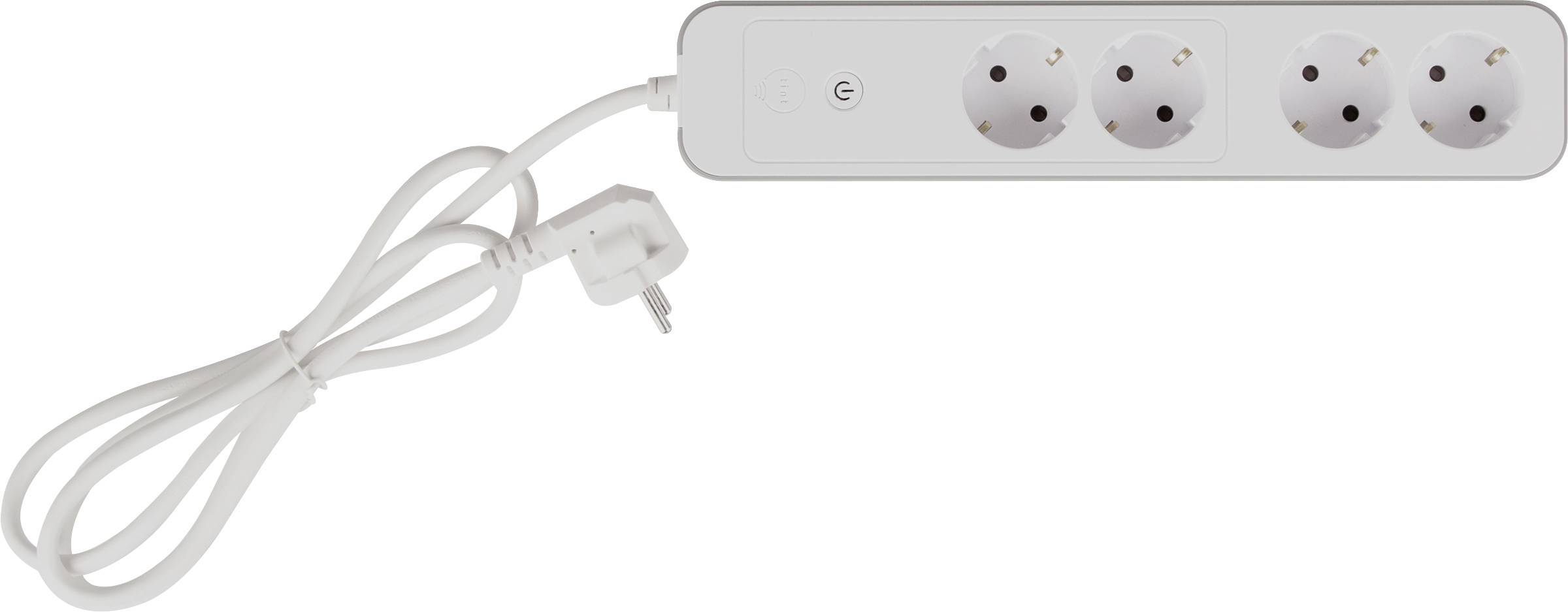 Una multipresa bianca con quattro prese e un cavo lungo con spina, adatta per connessioni elettriche in ambienti interni.