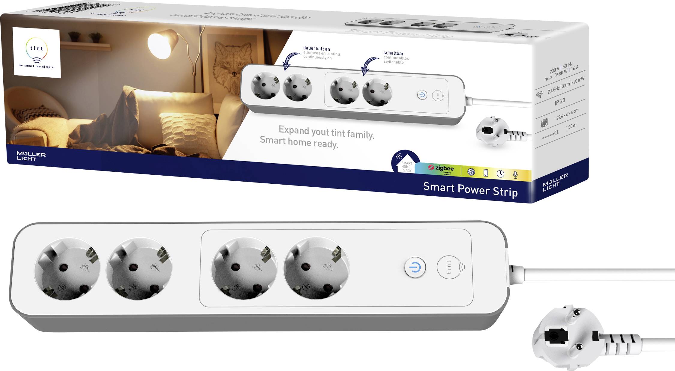 Multipresa con tre prese, interruttore e tecnologia Smart Home. La confezione mostra un accogliente scenario di illuminazione.