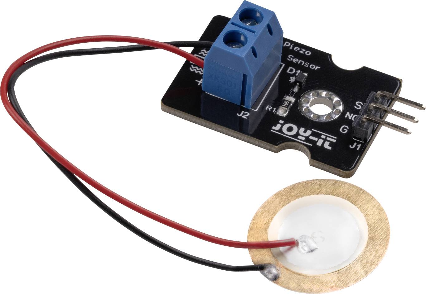 Modulo Sensore Piezoelettrico 'Joy-It' con morsetti e cavi per il rilevamento di vibrazioni o pressione, idoneo per applicazioni Arduino.