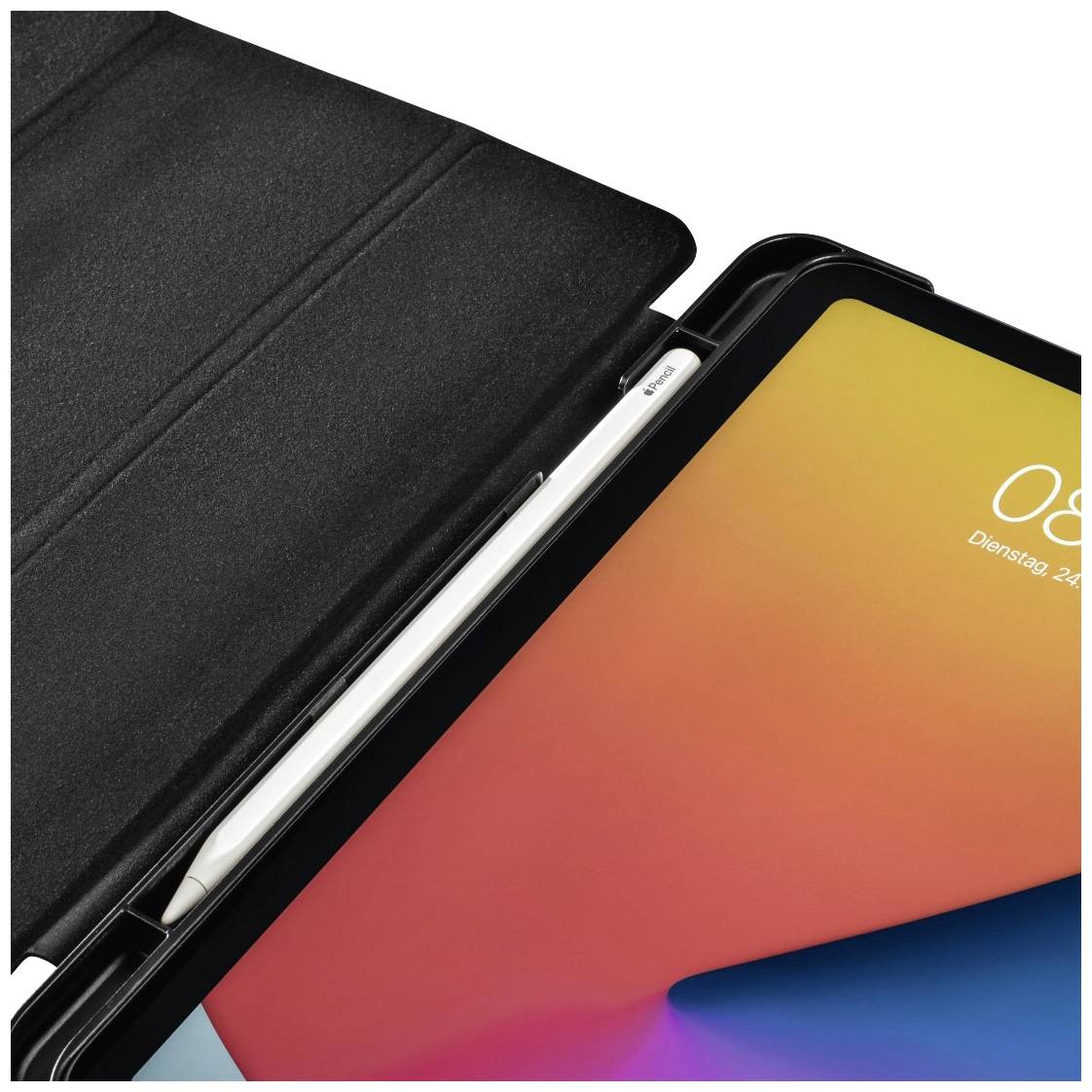 Tablet con custodia, che presenta un incavo per una penna. Lo schermo mostra il giorno di martedì.