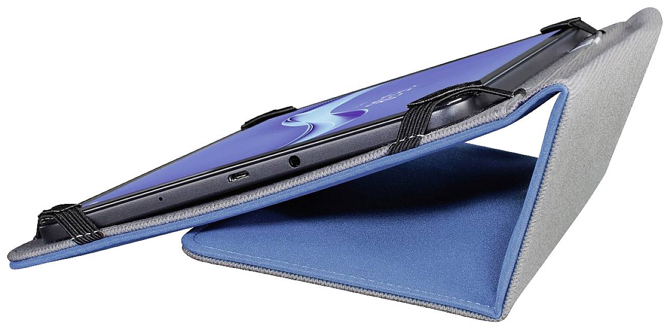 Un tablet in un custodia blu è posizionato leggermente inclinato. Mostra un display luminoso con una grafica astratta blu.