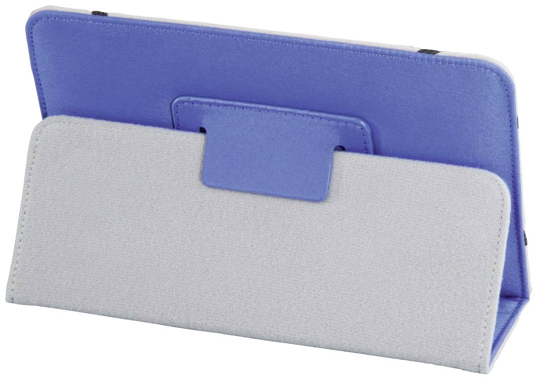 Un tablet blu in una custodia verticale è poggiato su un tavolo. La custodia è grigio chiaro e offre supporto posteriore.