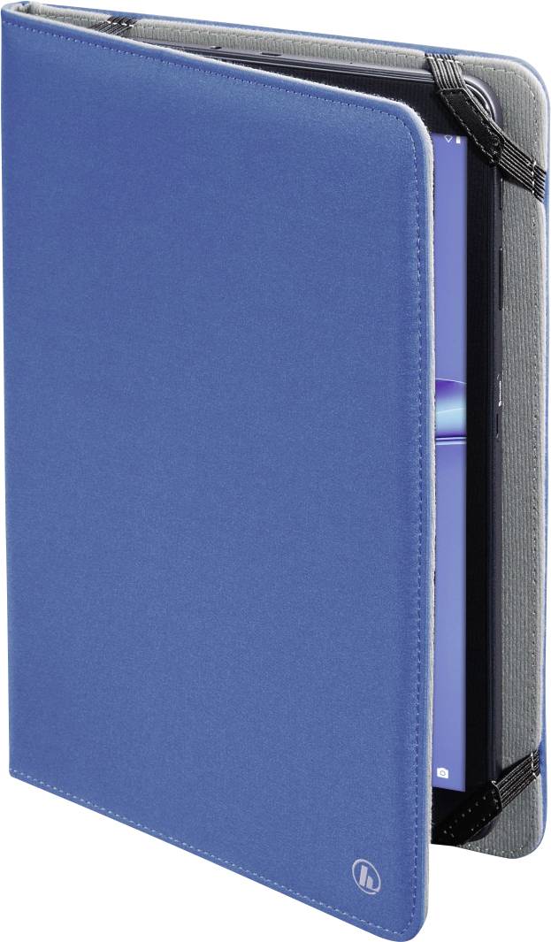 Una custodia per tablet blu in tessuto in posizione aperta con un tablet all'interno. I bordi sono rinforzati e delle fasce elastiche tengono fermo il tablet.