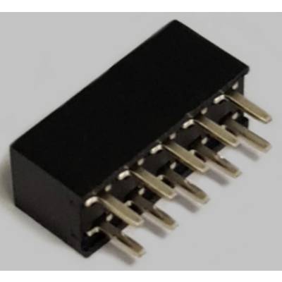 Un connettore rettangolare nero con diversi pin dorati spunta in primo piano. Lo sfondo è di un uniforme colore grigio.