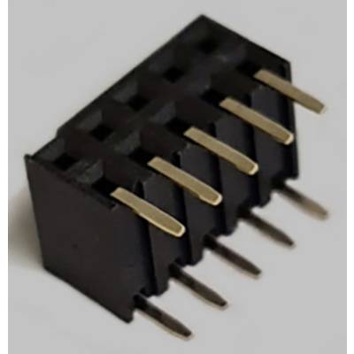 Un connettore elettronico nero con cinque contatti dorati, adagiato su una superficie chiara.