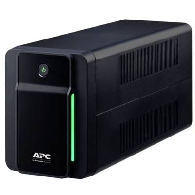 Un sistema di alimentazione ininterrotta (UPS) nero di APC con una striscia luminosa verde sul lato anteriore.