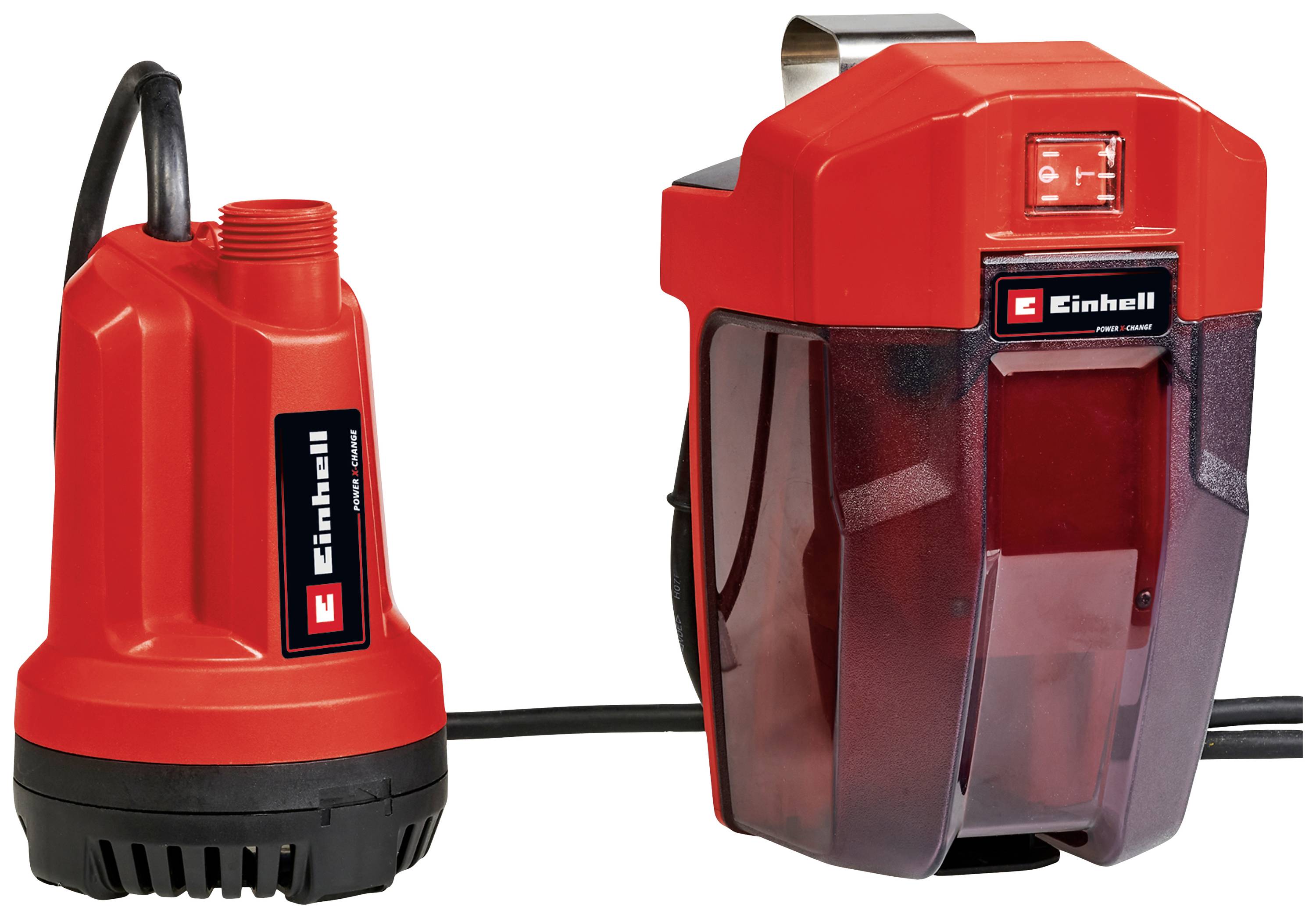 Pompa ad acqua 'Einhhell' in involucro rosso, adatta per il trasporto di acqua, con manico robusto e attacchi per tubi.