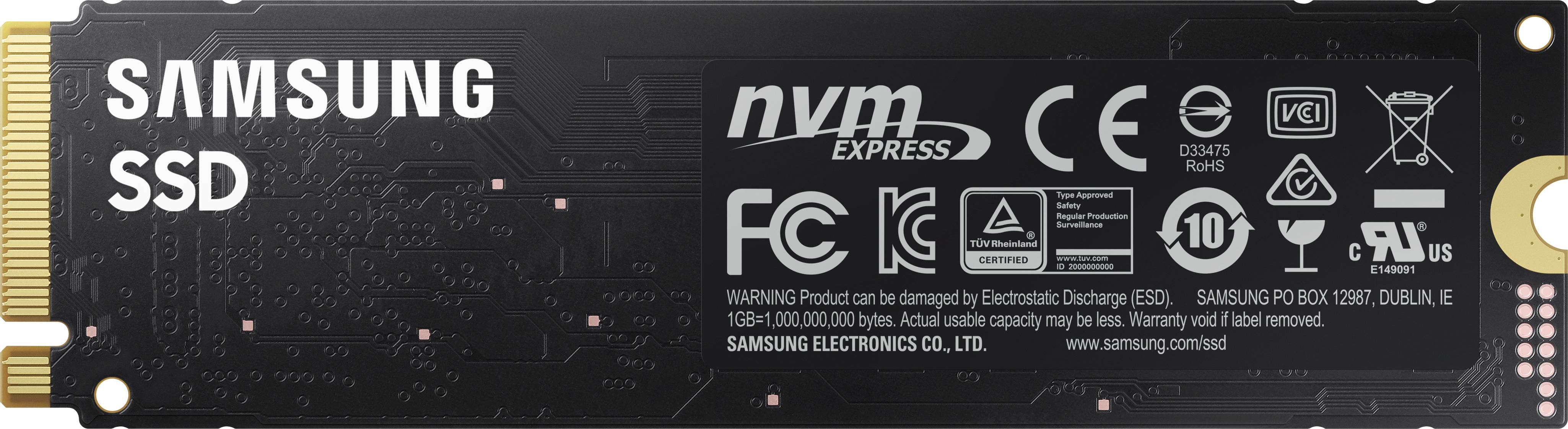 Samsung SSD, dispositivo di archiviazione NVMe con superfici di contatto dorate, loghi e informazioni tecniche.