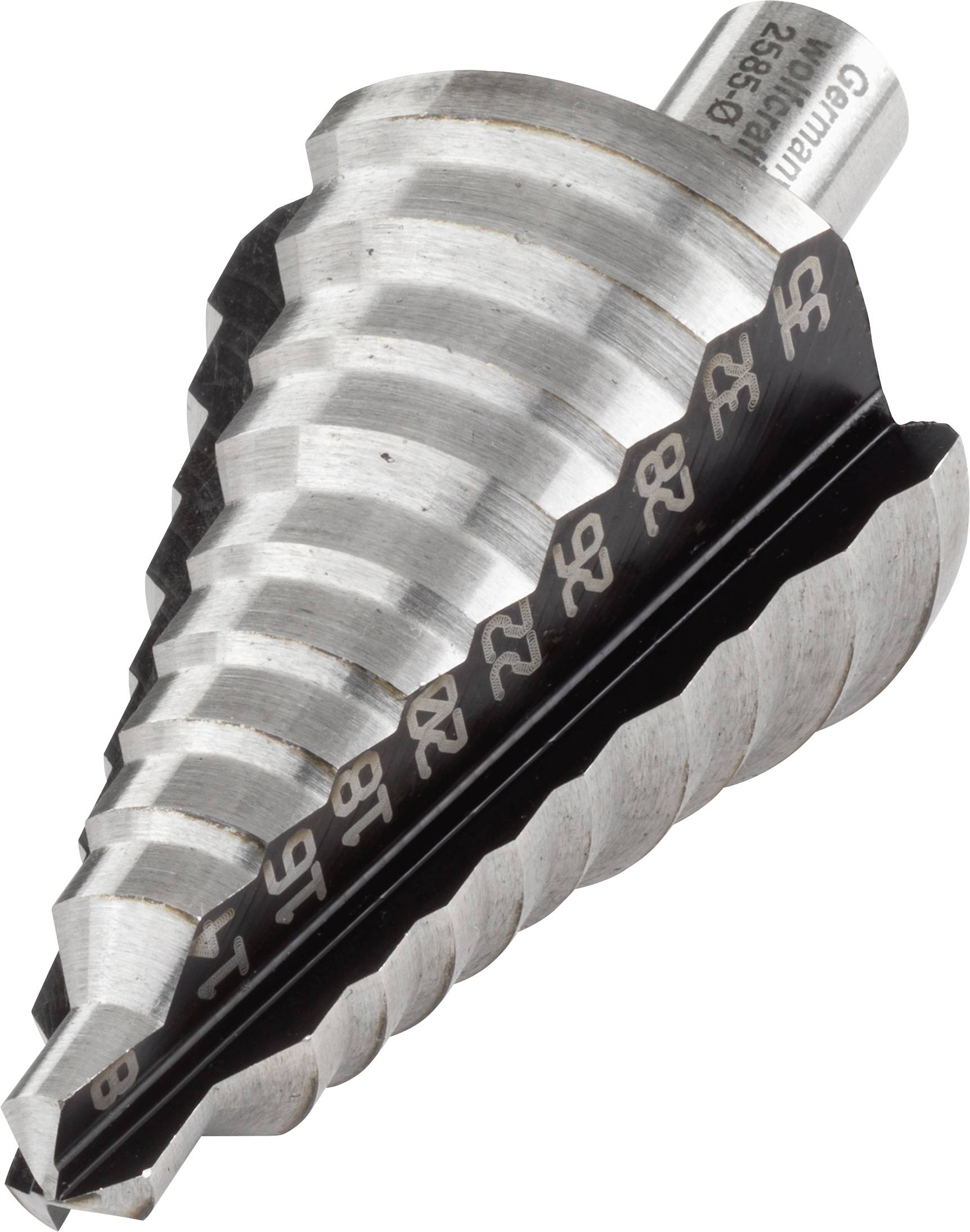 Punta a gradini in metallo con marcature numerate sulla lama, utilizzata per forare fori di diametri diversi.