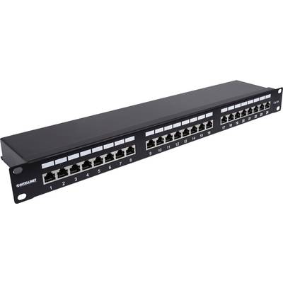 Un pannello di permutazione di rete con più porte Ethernet, numerate da 1 a 24. Serve per l'organizzazione dei cavi in un armadio di rete.