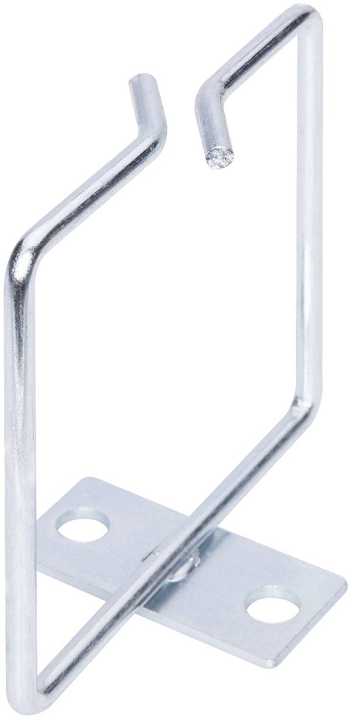 Un gancio metallico a forma di U con due fori di fissaggio alla base, idoneo per il montaggio a parete di cavi o altri oggetti leggeri.