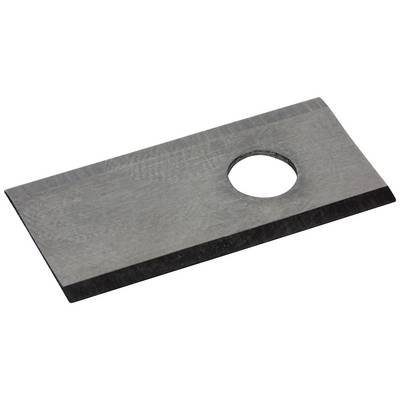 Un elemento metallico rettangolare con un foro circolare vicino a un bordo.