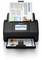 Un scanner nero per documenti Epson sta acquisendo un foglio di carta con la parola 'SOLUTIONS' sopra. Ha un display di controllo sul lato anteriore.