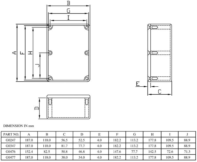 Disegno tecnico di un involucro rettangolare con quote in mm. Dimensioni principali: A=187,0; B=118,0; C=56,5; E=5,2; G=118,0; H=177,8. Tabella con numeri dei componenti e misure.