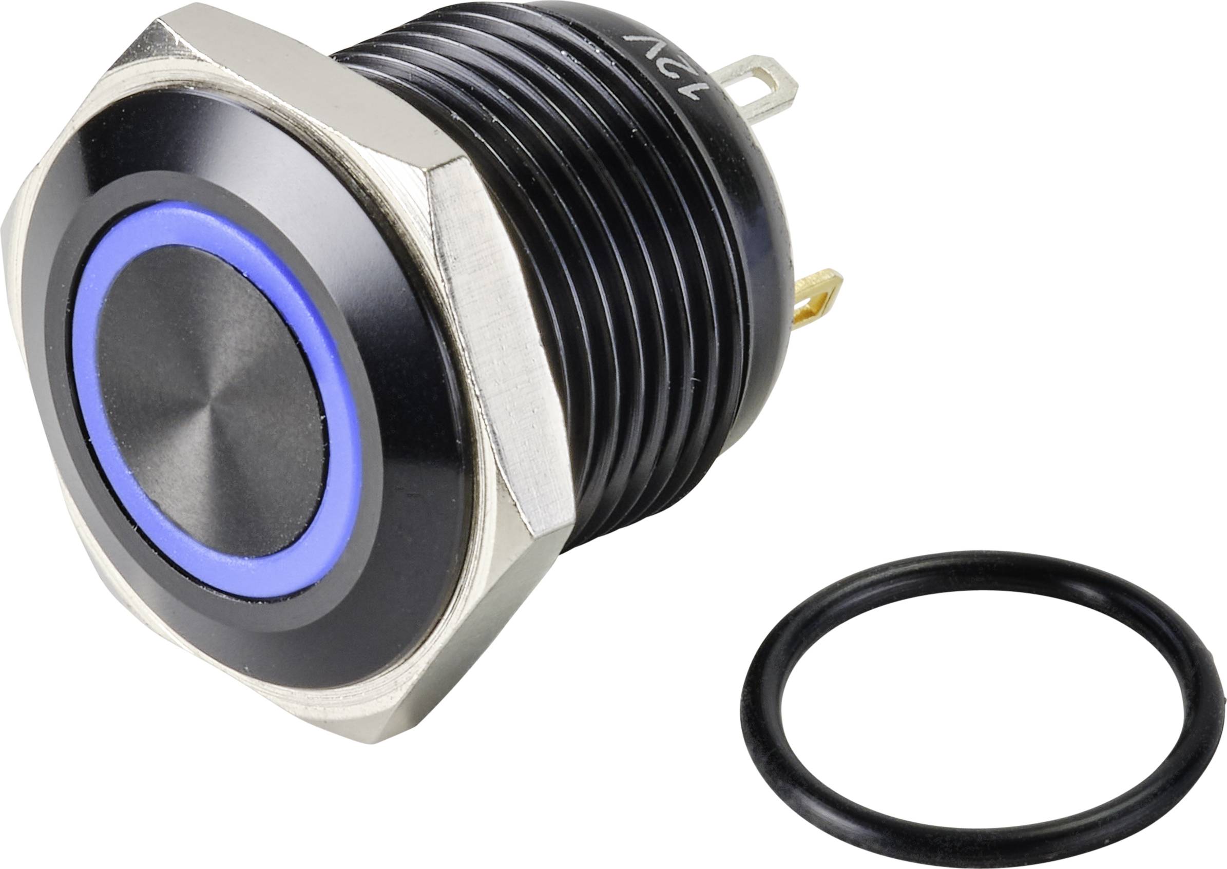 Pulsante a pressione esagonale color argento con anello LED blu e guarnizione in gomma nera. Adatto per applicazioni elettroniche.