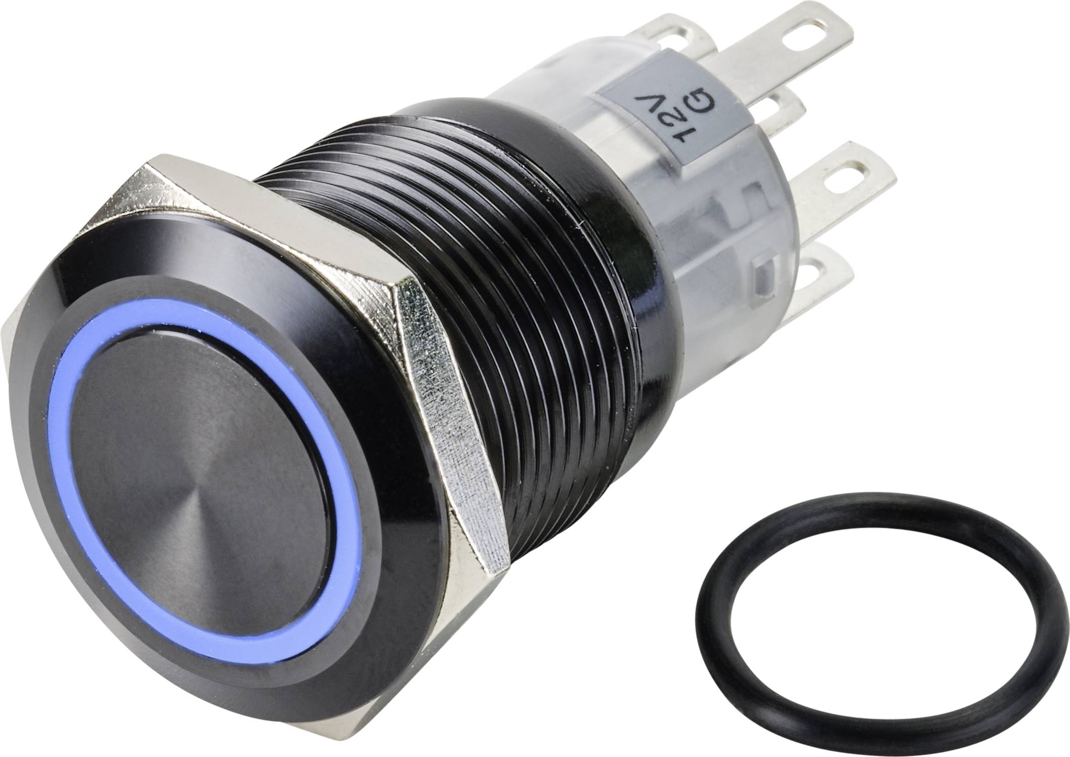 Pulsante con anello LED blu, alloggiamento in metallo e quattro connessioni; adatto per pannelli di controllo o circuiti elettrici.