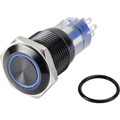 Interruttore metallico argentato con anello luminoso blu e pulsante nero, accanto a un anello di tenuta nero.