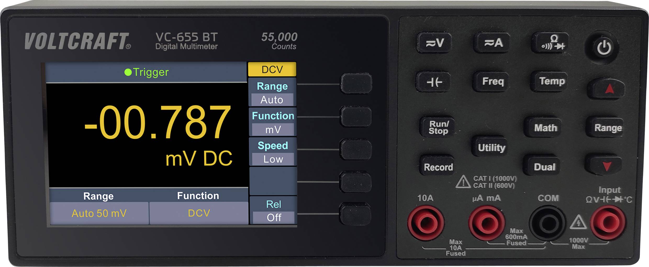 Multimetro digitale con display '-0,787 mV DC', funzioni come selezione gamma, modalità automatica e misura di corrente continua (DCV). Il display mostra valori in verde e rosso.