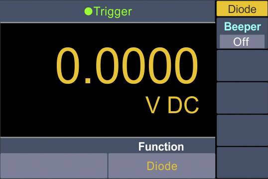 Schermo dello strumento di misura in modalità test diodo, mostra '0,0000 V DC'. Il trigger è attivato, il segnale acustico è disattivato.