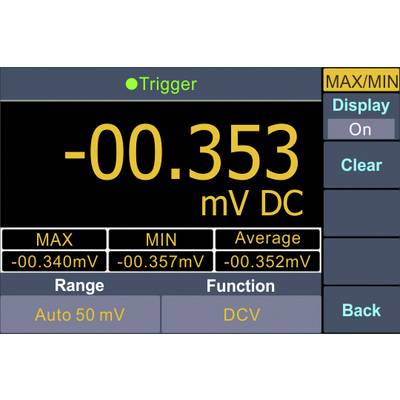 Immagine di uno strumento di misura con display: '-00.353 mV DC'. Funzioni: MAX, MIN, Media, Campo 'Auto 50 mV', Modalità 'DCV'.