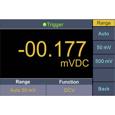 Visualizzazione digitale di uno strumento di misura che mostra '-00.177 mVDC' in giallo. Funzione è 'DCV', campo 'Auto 50 mV'. Opzioni: Auto, 50 mV, 500 mV.