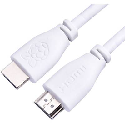 Un cavo HDMI bianco con due connettori, uno con il logo del Raspberry, l'altro etichettato 'HDMI'.