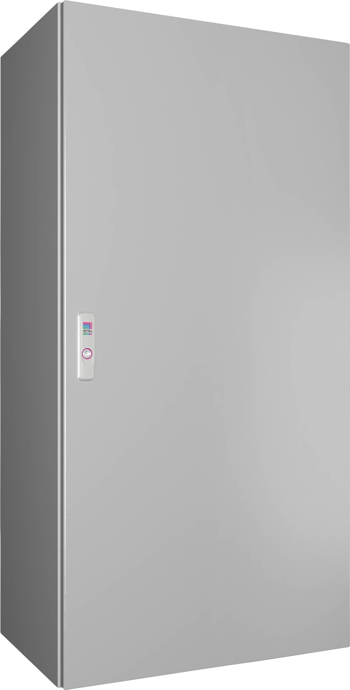 Un grande armadio grigio con una superficie liscia e priva di maniglie visibili. Un piccolo pannello di controllo rettangolare è posto sul lato.