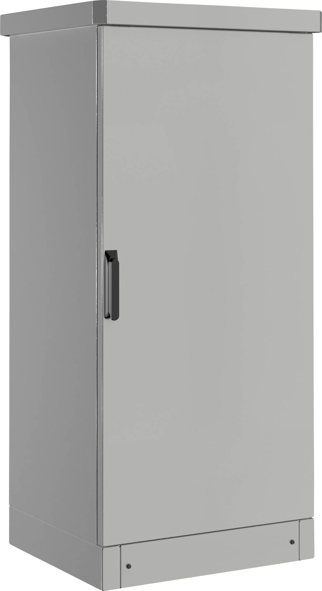 Armadio metallico grigio con maniglia, in piedi sul pavimento. Adatto per conservare dispositivi tecnici o attrezzi.
