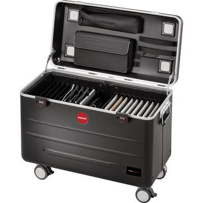 Trolley nero aperto con diversi scomparti separati e alcune tasche sul coperchio per riporre dispositivi o accessori.