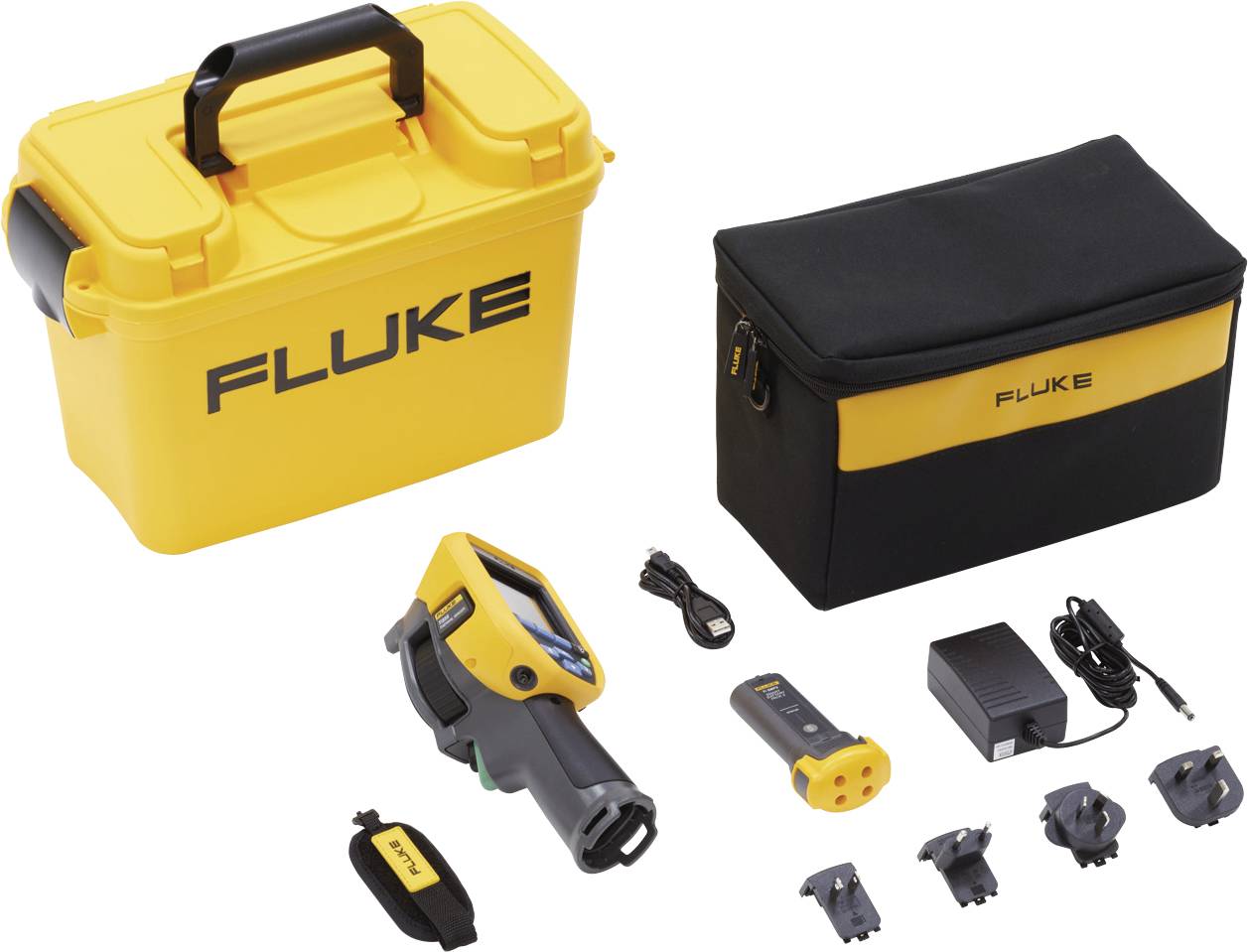 Set di strumenti Fluke giallo con borsa da trasporto, scanner, caricabatterie e accessori, disposti su una superficie bianca.