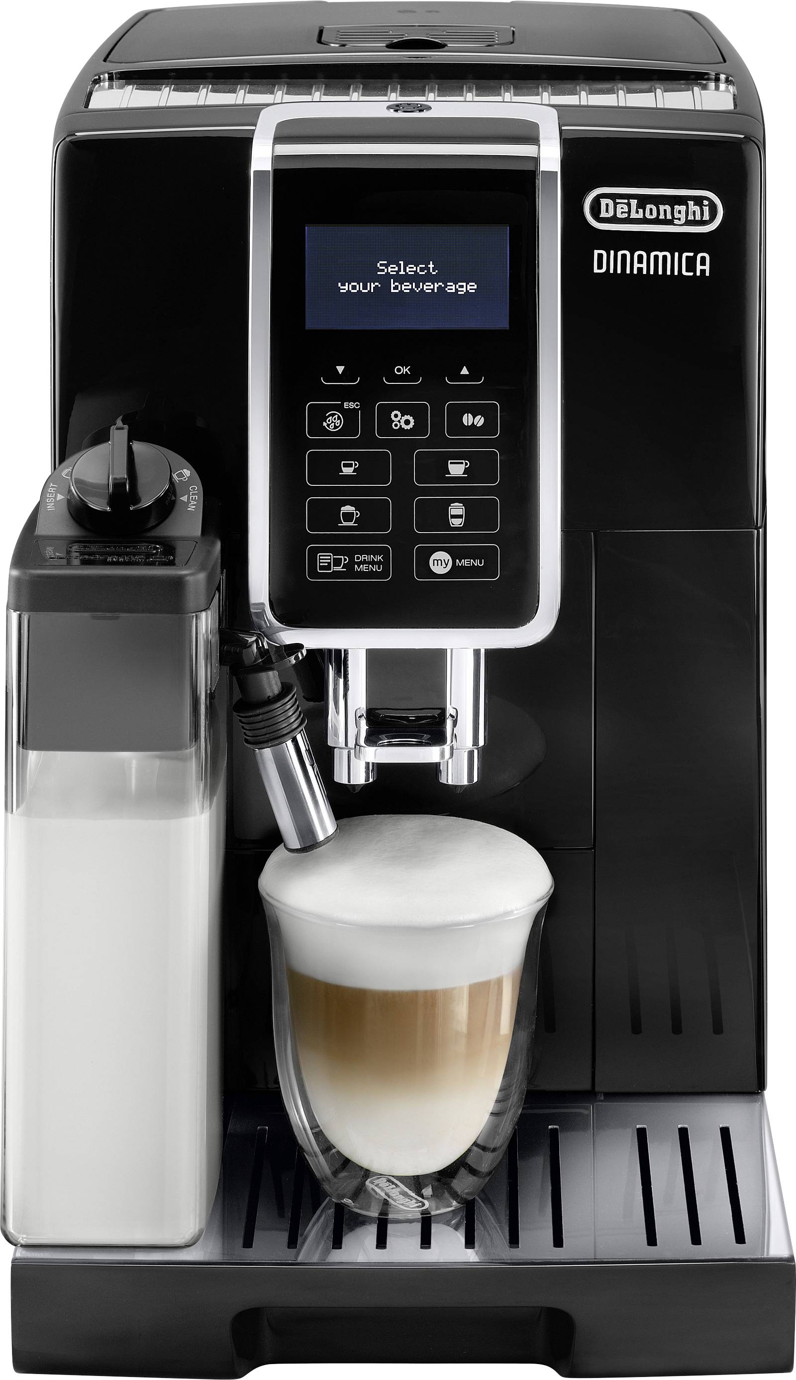 Macchina da caffè con display digitale che mostra 'Seleziona la tua bevanda'. Un bicchiere di cappuccino sotto, schiumatore del latte in funzione.