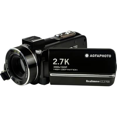 Una fotocamera digitale nera con la scritta '2.7K Alta Definizione'. Obiettivo della fotocamera a sinistra, display laterale con testo a destra.