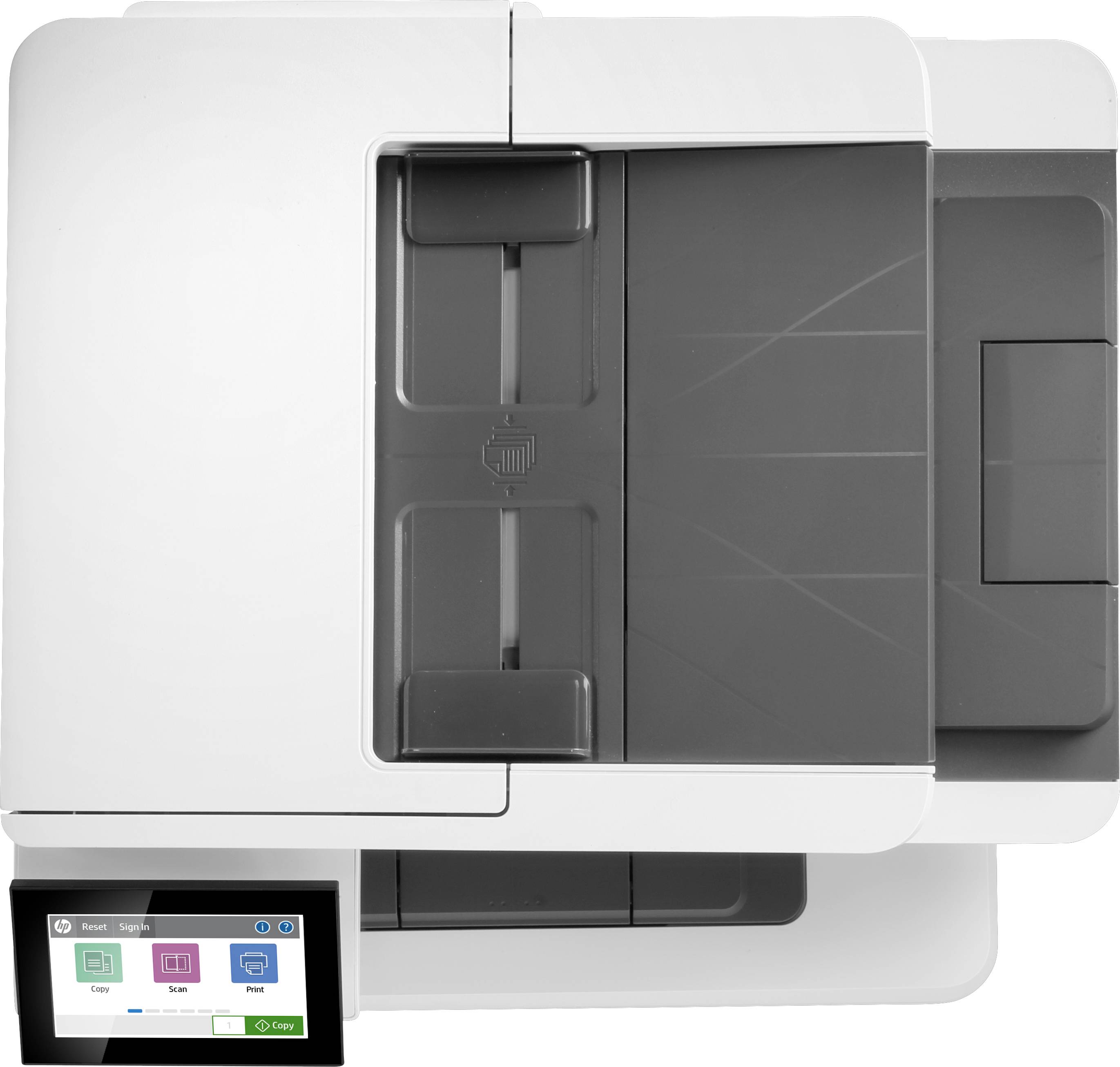 L'immagine mostra uno scanner bianco con un coperchio leggermente sollevato e un pannello di controllo con display in basso a sinistra.