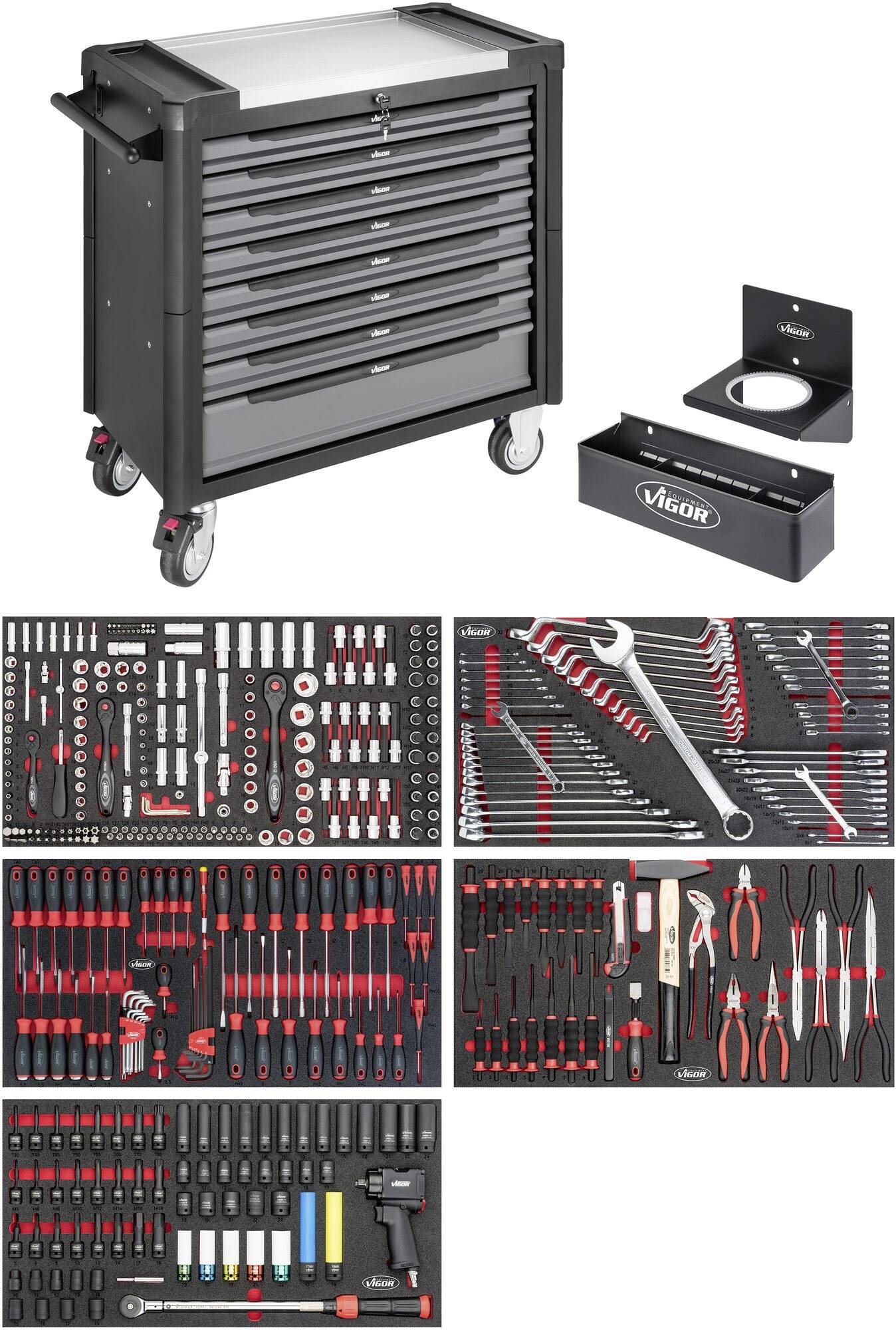 Carrello degli attrezzi con dieci cassetti, riempito con vari utensili manuali come chiavi, cacciaviti e pinze.