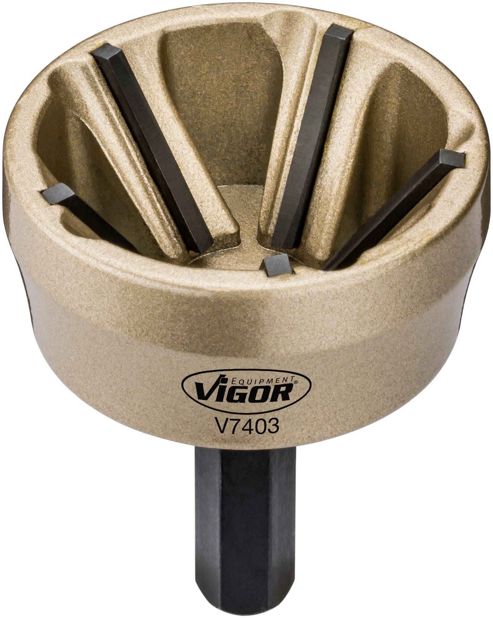 Utensile per sbavatura a forma conica, con sei lame e impugnatura esagonale, contrassegnato con 'VIGOR, V7403' sulla parte superiore.