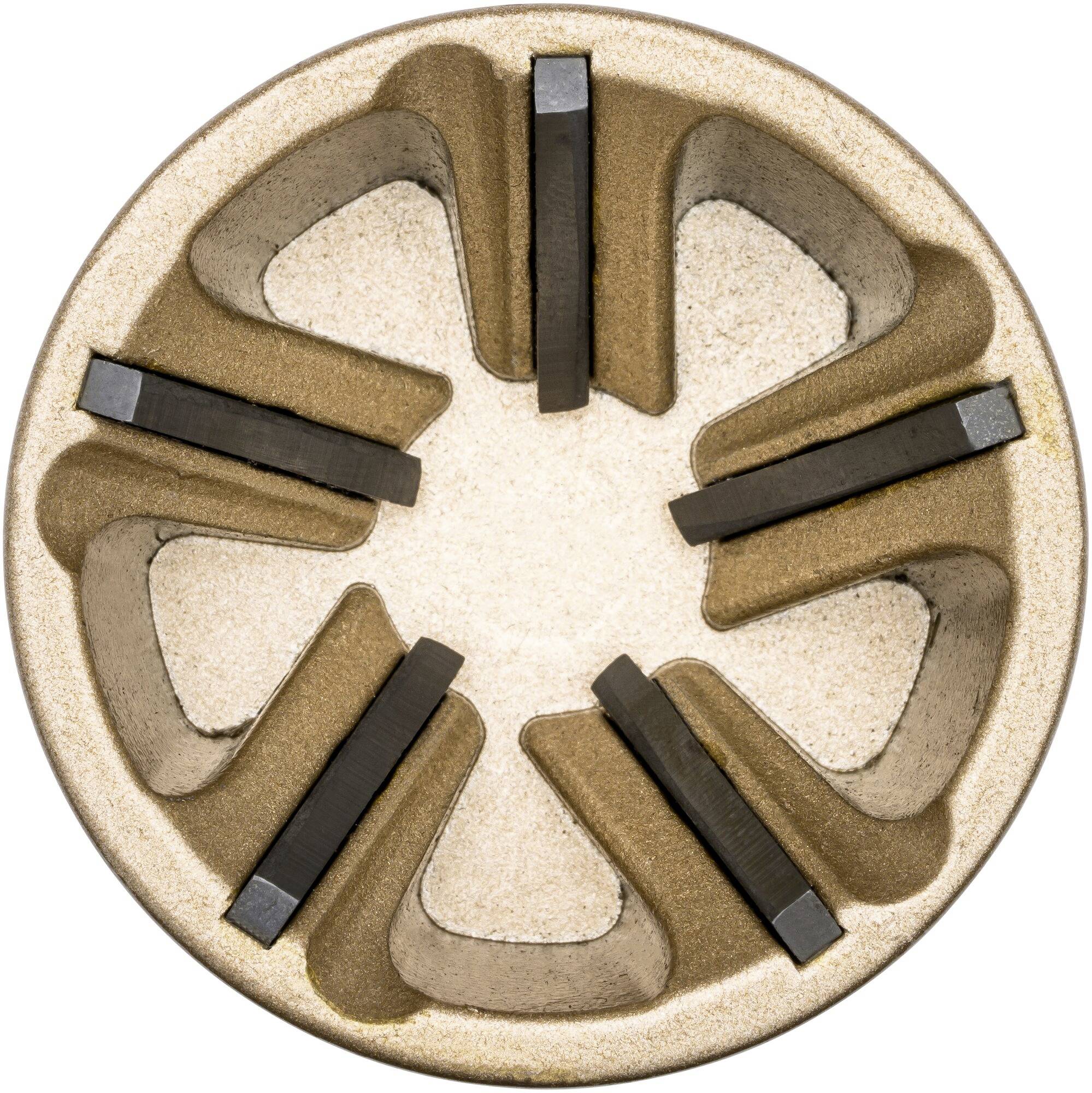 Elemento costruttivo ceramico rotondo con inserti neri disposti in modo simmetrico.